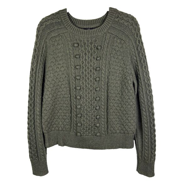 J.Crew Popcorn Cableknit Chunky Lambs Wool Sweater Bauble Pullover Olive Green M - Picture 2 of 10